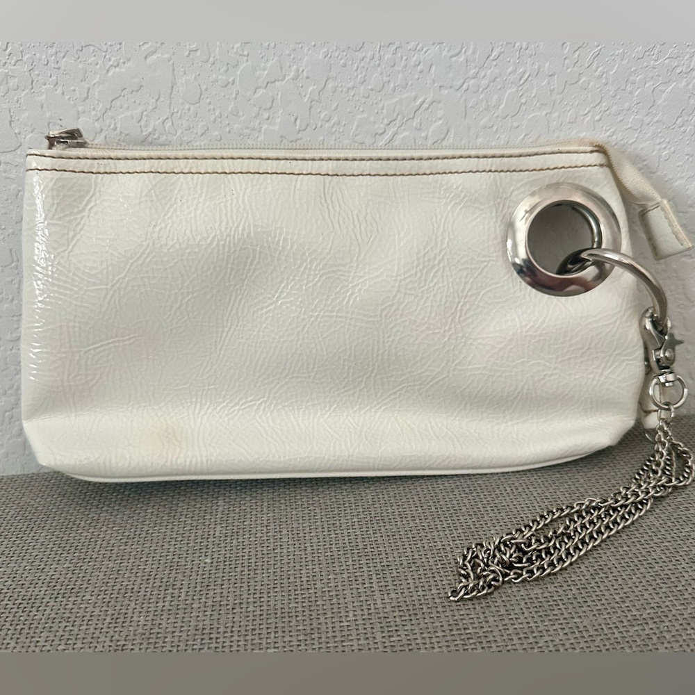 White Faux Leather Clutch with Silver Chain Accent